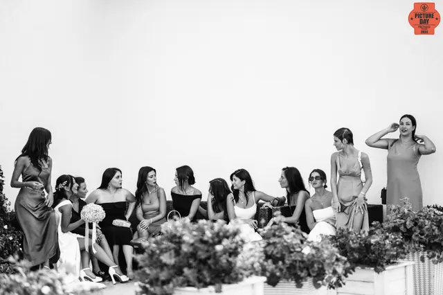 bride and guests rooftop terrace black white georgia — GOGA Photography