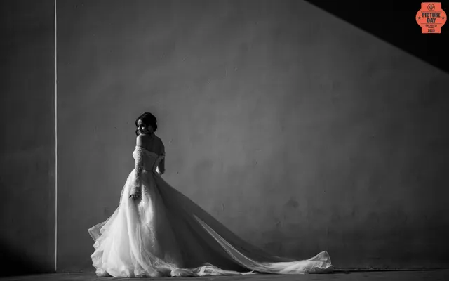 bride ball gown train wall shadow dramatic light georgia — GOGA Photography