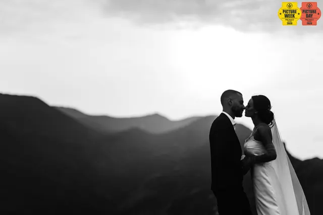 bride groom kissing silhouette mountain lake bw georgia — GOGA Photography