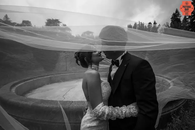 bride groom veil kiss garden fountain black white portrait — GOGA Photography