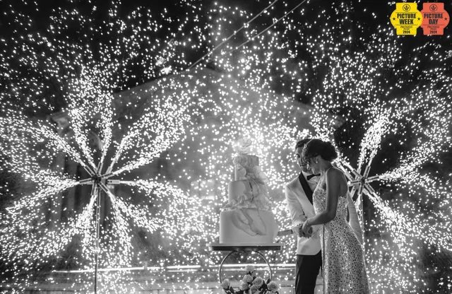 couple cake cutting sparklers fireworks wedding georgia — GOGA Photography