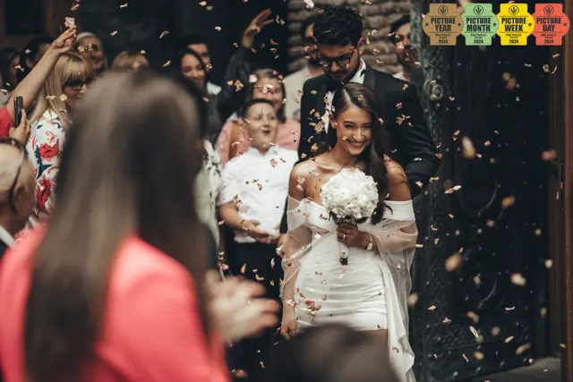 bride confetti exit smiling wedding ceremony tbilisi — GOGA Photography