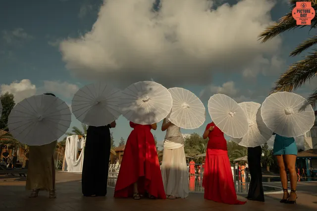 bridesmaids white parasols poolside summer wedding — GOGA Photography